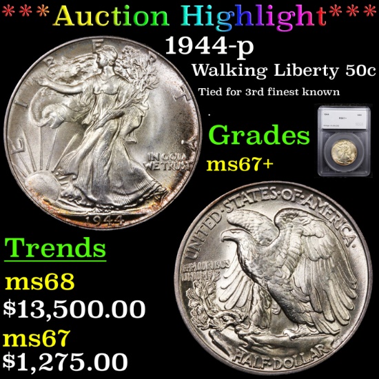 ***Auction Highlight*** 1944-p Walking Liberty Half Dollar 50c Graded ms67+ By SEGS (fc)