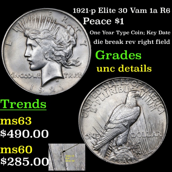 1921-p Elite 30 Vam 1a R6 Peace Dollar $1 Grades Unc Details