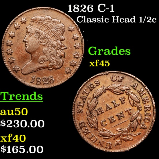 1826 C-1 Classic Head half cent 1/2c Grades xf+