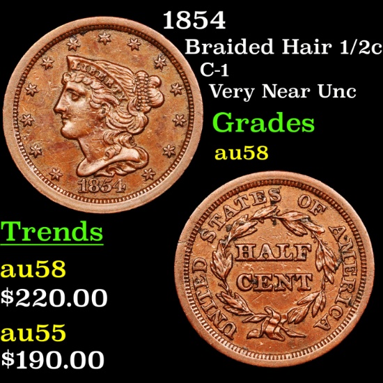 1854 Braided Hair Half Cent 1/2c Grades Choice AU/BU Slider