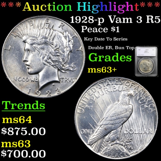 ***Auction Highlight*** 1928-p Vam 3 R5 Peace Dollar $1 Graded ms63+ By SEGS (fc)