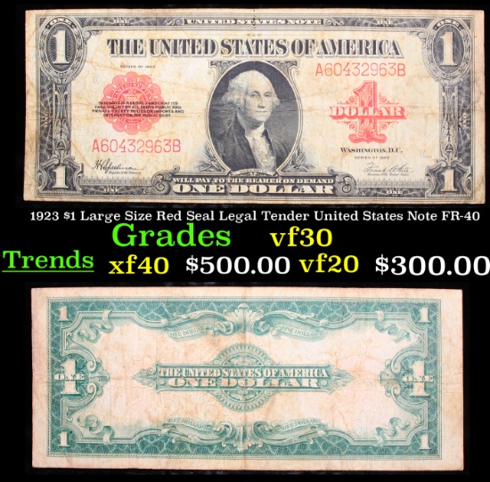 1923 $1 Large Size Red Seal Legal Tender United States Note FR-40 Grades vf++