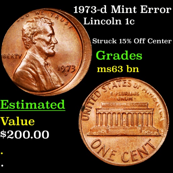 1973-d Mint Error Lincoln Cent 1c Grades Select Unc BN