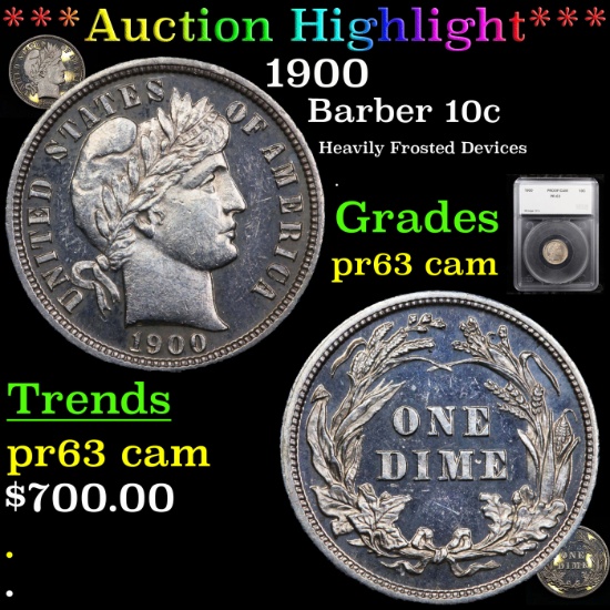 Proof ***Auction Highlight*** 1900 Barber Dime 10c Graded pr63 cam By SEGS (fc)