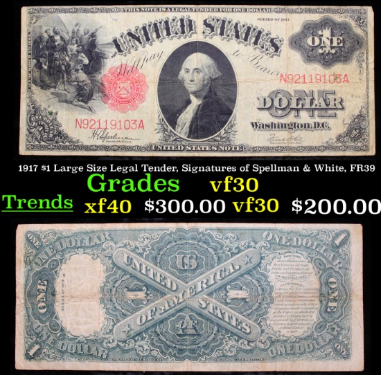 1917 $1 Large Size Legal Tender, Signatures of Spellman & White, FR39  Grades vf++