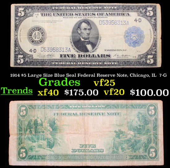 1914 $5 Large Size Blue Seal Federal Reserve Note, Chicago, IL  7-G Grades vf+