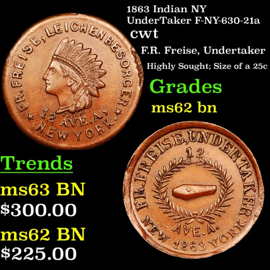 1863 Indian NY UnderTaker F-NY-630-21a Civil War Token 1c Grades Select Unc BN