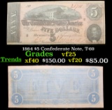 1864 $5 Confederate Note, T-69 Grades vf+