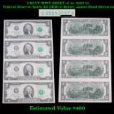 UNCUT MINT SHEET of 4x 2003 $2 Federal Reserve Notes All GEM or Better, James Bond Serial #'s