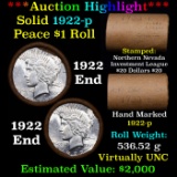 Auction Highlight  AU/BU Slider Norther Nevada Shotgun Solid Date Peace $1 Roll 1922-p Virtually UNC