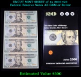 ***Auction Highlight*** UNCUT MINT SHEET of 4x 2006 $20 Federal Reserve Notes All GEM or Better (fc)