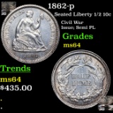 1862-p Seated Liberty Half Dime 1/2 10c Grades Choice Unc