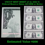 UNCUT MINT SHEET of 4x 2001 $1 Federal Reserve Notes All GEM or Better