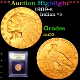 ***Auction Highlight*** 1909-s Gold Indian Half Eagle $5 Graded Select AU By USCG (fc)