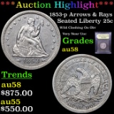 ***Auction Highlight*** 1853-p Arrows & Rays Seated Liberty Quarter 25c Graded Choice AU/BU Slider B