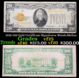 1928 $20 Gold Certificate Signatures Woods/Mellon Grades vf+