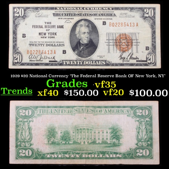 1929 $20 National Currency 'The Federal Reserve Bank OF New York, NY' Grades vf++