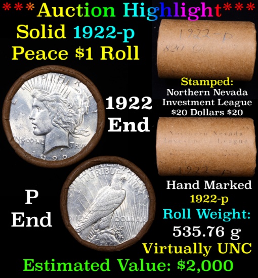 ***Auction Highlight*** AU/BU Slider Northern Nevada Shotgun Solid Date Peace $1 Roll 1922-p Virtual