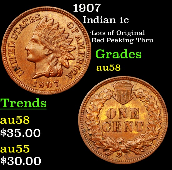 1907 Indian Cent 1c Grades Choice AU/BU Slider