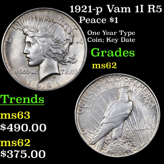 1921-p Vam 1I R5 Peace Dollar $1 Grades Select Unc