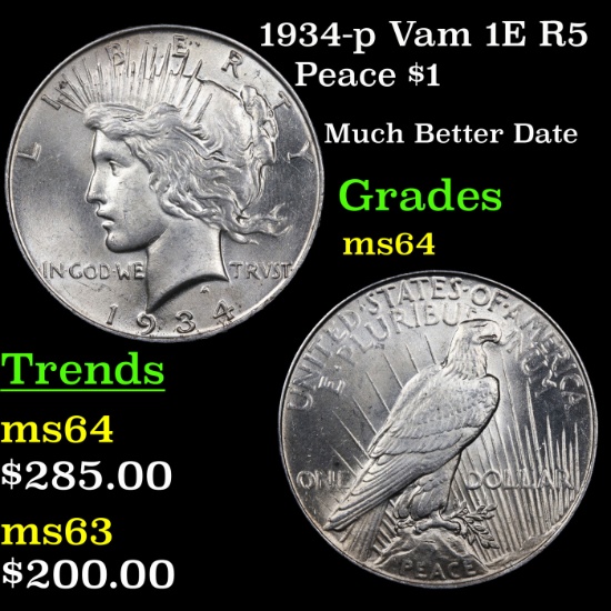 1934-p Vam 1E R5 Peace Dollar $1 Grades Choice Unc