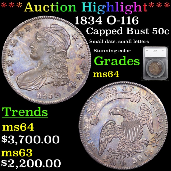 ***Auction Highlight*** 1834 O-116 Capped Bust Half Dollar 50c Graded ms64 By SEGS (fc)