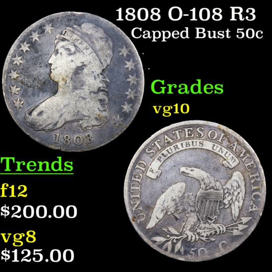 1808 O-108 R3 Capped Bust Half Dollar 50c Grades vg+