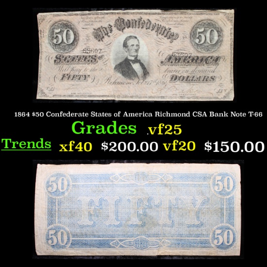 1864 $50 Confederate States of America Richmond CSA Bank Note T-66 Grades