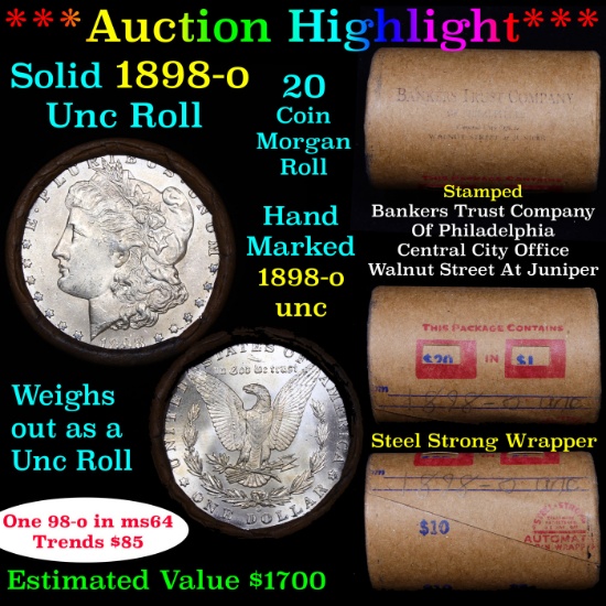 ***Auction Highlight***  Full solid date 1898-o Uncirculated Morgan silver dollar roll, 20 coins (fc