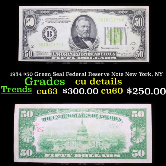 1934 $50 Green Seal Federal Reserve Note New York, NY Grades
