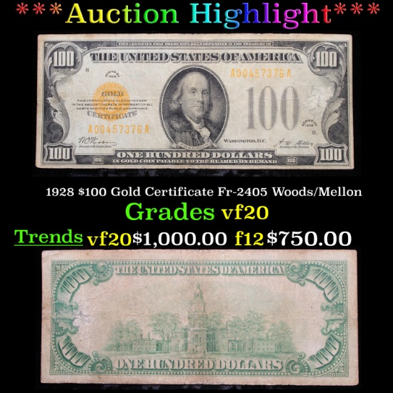 ***Auction Highlight*** 1928 $100 Gold Certificate Fr-2405 Woods/Mellon Grades (fc)