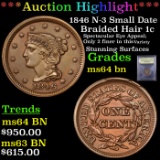 ***Auction Highlight*** 1846 N-3 Small date Braided Hair Large Cent 1c Graded Choice Unc BN By USCG