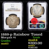 NGC 1889-p Rainbow Toned Morgan Dollar $1 Graded ms63 By NGC