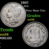 1867 Three Cent Copper Nickel 3cn Grades Choice AU/BU Slider