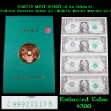 UNCUT MINT SHEET of 4x 1988a $1 Federal Reserve Notes All GEM Or Better 999 Serial # Grades