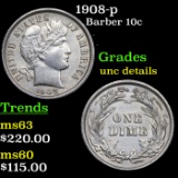 1908-p Barber Dime 10c Grades Unc Details