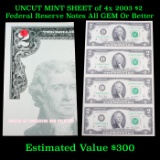 UNCUT MINT SHEET of 4x 2003 $2 Federal Reserve Notes All GEM Or Better Grades