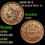 1839 N-3 Braided Hair Large Cent 1c Grades xf