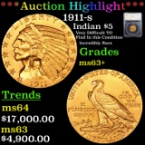 ***Auction Highlight*** 1911-s Gold Indian Half Eagle $5 Graded ms63+ By SEGS (fc)