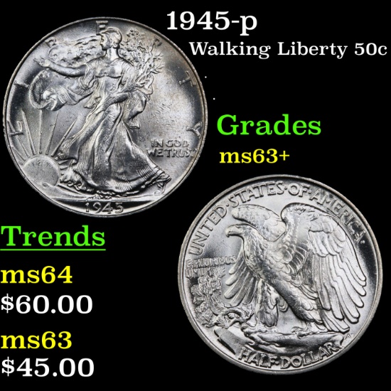 1945-p Walking Liberty Half Dollar 50c Grades Select+ Unc