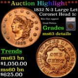 ***Auction Highlight*** 1832 N-3 Large Let Coronet Head Large Cent 1c Graded ms63 details By SEGS (f