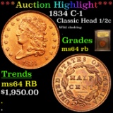 ***Auction Highlight*** 1834 C-1 Classic Head half cent 1/2c Graded Choice Unc RB By USCG (fc)