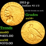 1911-p Gold Indian Quarter Eagle $2 1/2 Grades Choice AU/BU Slider+