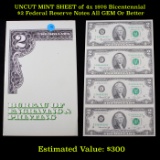 UNCUT MINT SHEET of 4x 1976 Bicentennial $2 Federal Reserve Notes All GEM Or Better