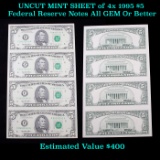 UNCUT MINT SHEET of 4x 1995 $5 Federal Reserve Notes All GEM Or Better