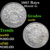 1867 Rays Shield Nickel 5c Grades AU, Almost Unc