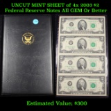 UNCUT MINT SHEET of 4x 2003 $2 Federal Reserve Notes All GEM Or Better