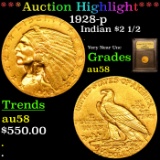 ***Auction Highlight*** 1928-p Gold Indian Quarter Eagle $2 1/2 Graded Choice AU/BU Slider By USCG (