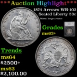 ***Auction Highlight*** 1874 Arrows WB-102 Seated Half Dollar 50c Graded ms63+ By SEGS (fc)