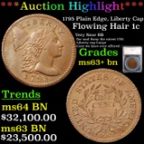 ***Auction Highlight*** 1795 Plain Edge, Liberty Cap Flowing Hair large cent 1c Graded ms63+ bn By S